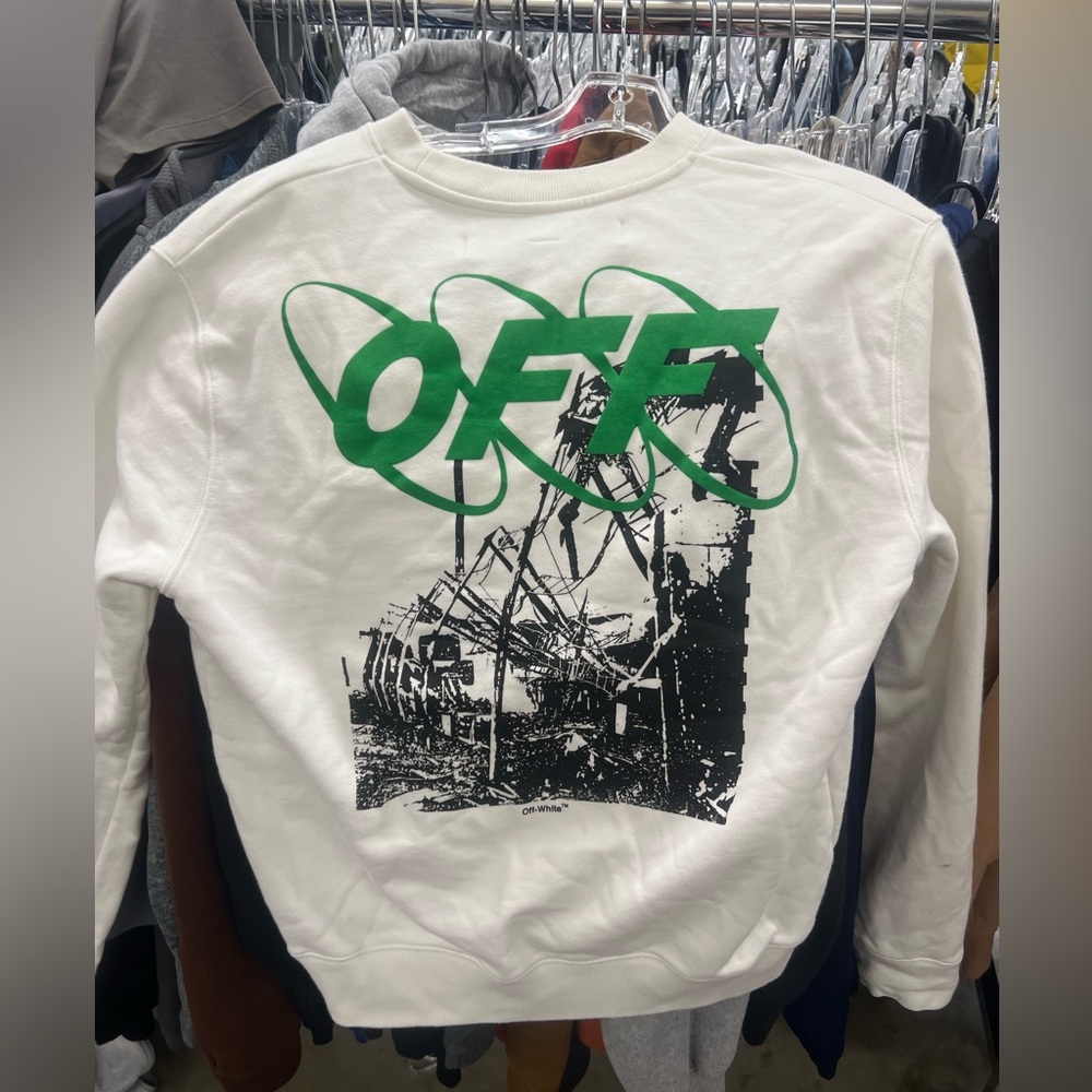 Off-White Green and White Crewneck Sweater with Urban Graphic